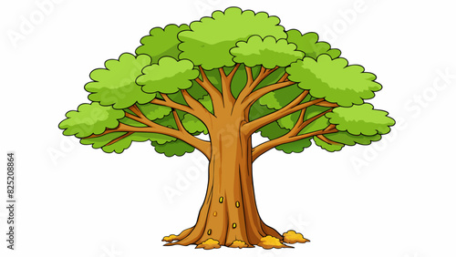 Suppose you are walking in a park and see a large leafy tree with a trunk that has peeling rough bark. The leaves are vibrant green and some are. Cartoon Vector.