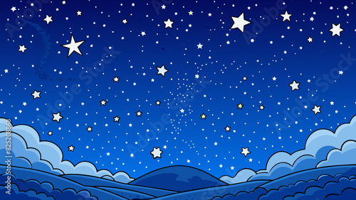 Starry Night Sky A vast expanse of deep blue dotted with ling stars of varying sizes. The moon shines brightly in the center casting a soft glow over. Cartoon Vector.