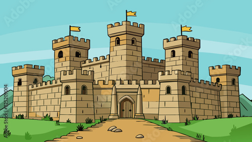 The ancient stone castle was an impressive sight with its soaring towers and vast walls that seemed imtrable. It had withstood the test of time its. Cartoon Vector.