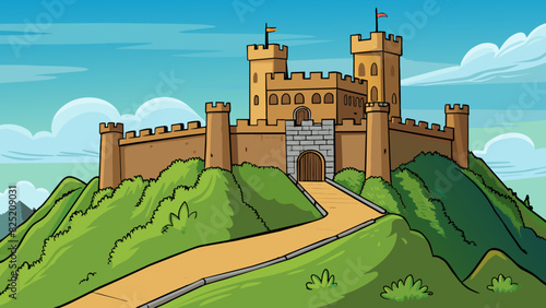 The ancient castle stood atop a hill with its tall stone walls and tall towers reaching towards the sky exuding a sense of grandeur and strength.. Cartoon Vector.