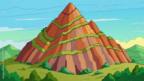 The aspect of a mountain is steep and jagged with layers of various colored rocks creating a rugged appearance. It is covered in thick lush greenery. Cartoon Vector.