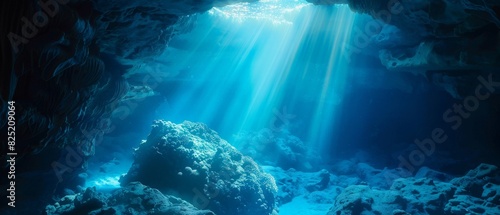 Underwater cave with light rays shining through the opening. photo