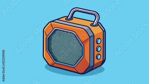 The article is a compact portable speaker with a geometric design. It has a matte finish and is available in various colors. It can connect to devices. Cartoon Vector.