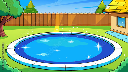 The backyard pool was a sparkling oasis in the scorching heat its turquoise water inviting all to take a refreshing dip.. Cartoon Vector.