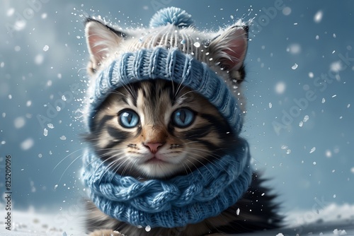 winter, snow, cat in a warm hat photo