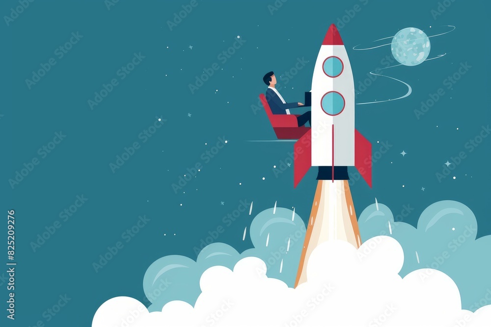 Fototapeta premium Illustration of a businessman riding a rocket, symbolizing career growth and ambition