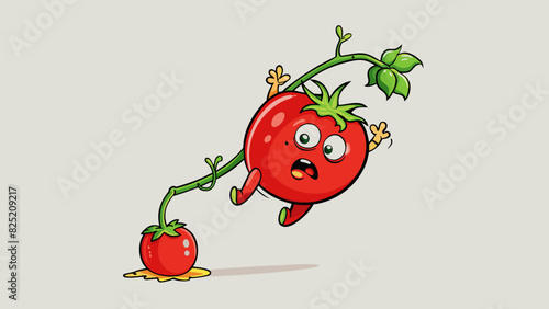 The bright red cherry tomato hangs heavy on the vine until it suddenly detaches and plummets to the ground with a soft thud. Its smooth shiny skin. Cartoon Vector.