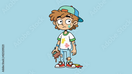 The boys hair was a tangled mess and his clothes were covered in grass stains and mud. He carried a wellloved skateboard under his arm and wore a. Cartoon Vector.