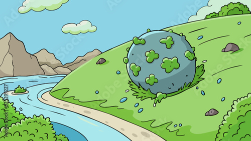 The boulder covered in slick green moss caused a loud thud as it tumbled down the hillside and crashed into the river below.. Cartoon Vector.