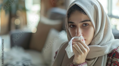 Muslim woman wearing a hijab veil headscarf is experiencing a cold by sneezing into a tissue. Unhealthy sick condition. photo