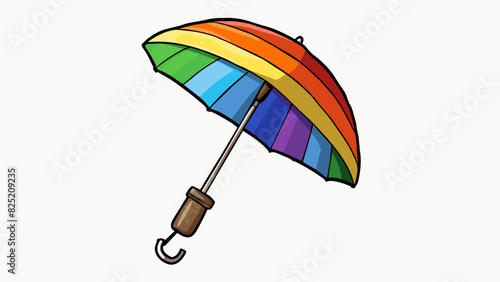 The bring is a compact umbrella with a rainbowcolored canopy and a lightweight black handle. Its sy construction and automatic openclose button make. Cartoon Vector.