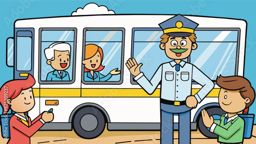 The bus driver gave direct instructions to the passengers clearly stating the necessary steps for a safe and efficient evacuation in case of. Cartoon Vector.