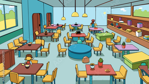 The cafeteria is a hub of activity with colorful tables and chairs arranged in a chaotic yet welcoming pattern. The smell of freshly brewed coffee and. Cartoon Vector.