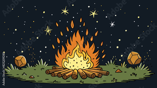 The campfire crackled and popped sending sparks dancing into the velvety blackness above. The stars were tered like glitter across the sky and the. Cartoon Vector.