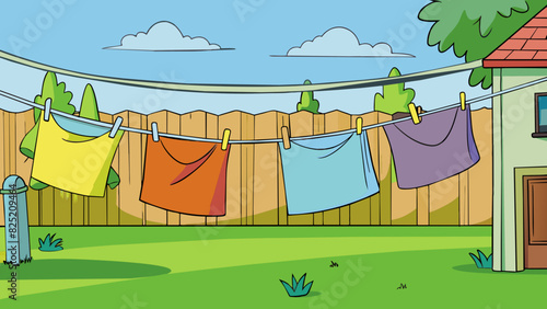 The clothesline in the backyard was already weighed down with freshly washed laundry gently swaying in the cool breeze.. Cartoon Vector.