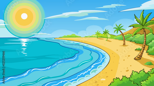 The clear turquoise waters of the tropical beach stretched out for miles sparkling under the bright sun and inviting you in for a refreshing swim.. Cartoon Vector.