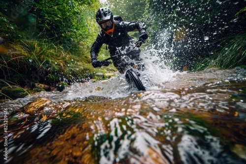 Adventurous Mountain Biker Splashes Through Forest Stream on Sunny Day - Outdoor Sports Print  Poster  Card Design