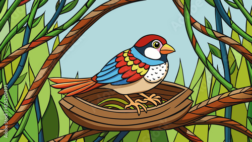 The colorful sparrow built its nest in the established branches of the willow tree its intricate weaving a testament to its wellpracticed skill.. Cartoon Vector.
