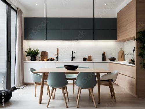 A modern and minimal kitchen interior with table, interior design, kitchen design, interior kitchen design