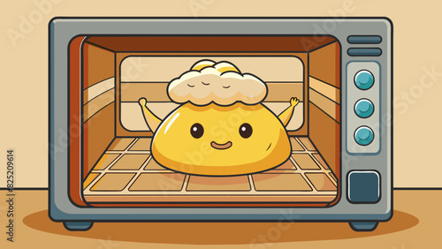 The dough rising in the oven until its golden brown crust gives way to a fluffy soft interior.. Cartoon Vector.