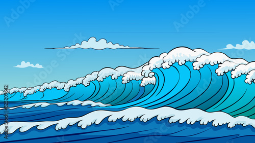 The endless expanse of ocean stretched out before us with long rolling waves crashing against the shoreline. The water was a deep shade of blue with. Cartoon Vector.