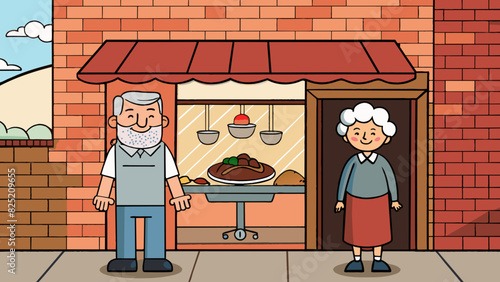 The elderly couple arrived at their favorite restaurant the quaint brick building giving off a cozy and inviting aura. The smell of freshly baked. Cartoon Vector.