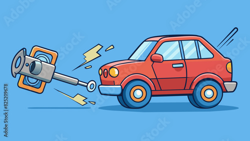 The engine of a car roars to life as the driver twists the key in the ignition. With one swift flip the key is returned back to the off position. Cartoon Vector.