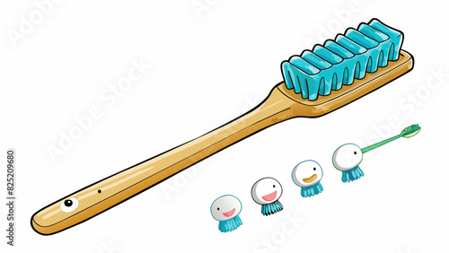 The end of a toothbrush is a small brush head filled with bristles of varying lengths to clean different areas of the mouth. The bristles may be soft. Cartoon Vector.