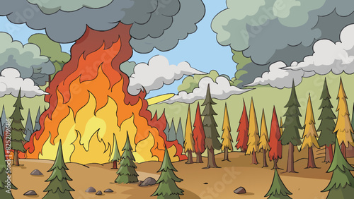 The extent of the forest fire was evident as far as the eye could see with thick smoke filling the air and scorch marks covering the surrounding trees. Cartoon Vector.