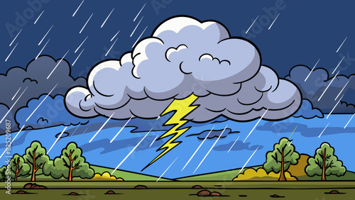 The distant rumble of an approaching thunderstorm growing louder and more intense with each passing minute as the dark clouds draw closer.. Cartoon Vector. photo