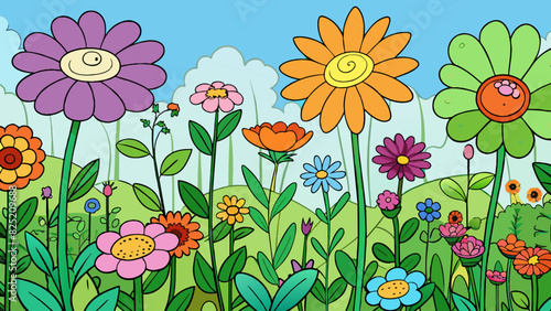The enchanting garden was filled with vibrant flowers of every color their delicate petals swaying gracefully in the gentle breeze.. Cartoon Vector.