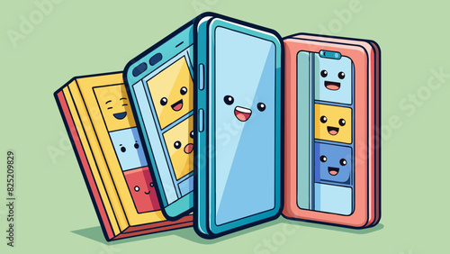 The fifth cellphone is a slim and lightweight device with a folding display. It can be od like a book to reveal a large screen inside for watching. Cartoon Vector.