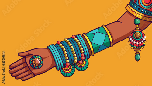 The final illustration depicts a heavily adorned arm adorned with brightly colored bangles beads and charms. The arm is darkskinned and has henna. Cartoon Vector.