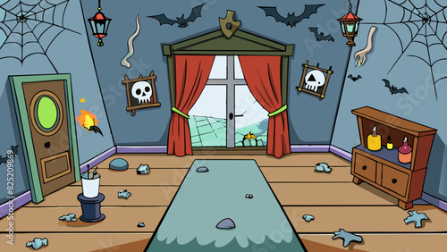 The final level takes place in a spooky haunted house. The walls are old and peeling the floors creak with every step and there are cobwebs in every. Cartoon Vector.