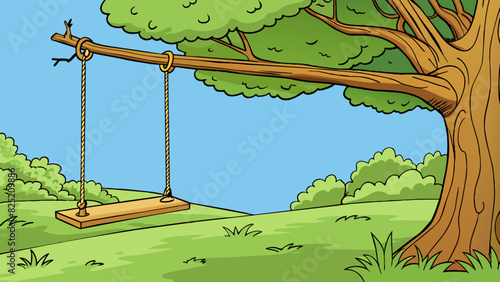 The final knot in a rope swing hangs from a tall sy tree branch. Worn from years of use its frayed strands add character to a familiar childhood. Cartoon Vector.