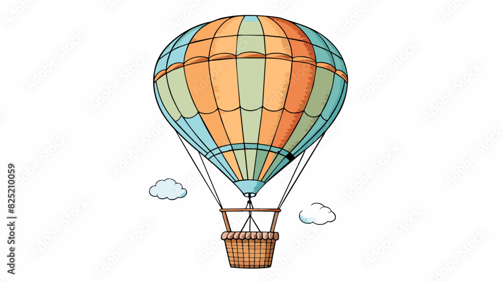 Naklejka premium The giant hot air balloon floated gracefully through the air its colorful fabric billowing in the wind and its wicker basket swaying gently below.. Cartoon Vector.