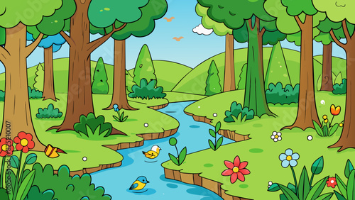 The first level is a lush green forest filled with tall trees and colorful flowers. The trees provide plenty of shade and there is a gentle stream. Cartoon Vector.