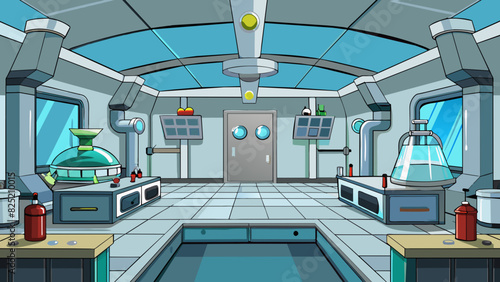The fourth level is set in a futuristic laboratory with shiny silver walls and floors. There are machines of various shapes and sizes beeping and. Cartoon Vector. photo