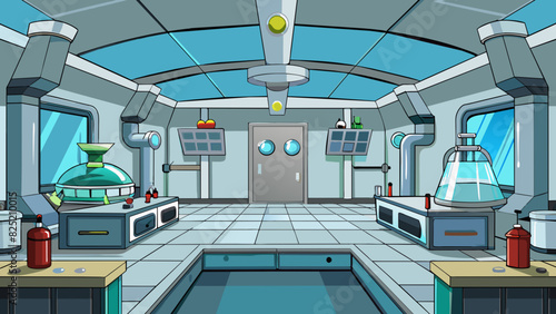 The fourth level is set in a futuristic laboratory with shiny silver walls and floors. There are machines of various shapes and sizes beeping and. Cartoon Vector.