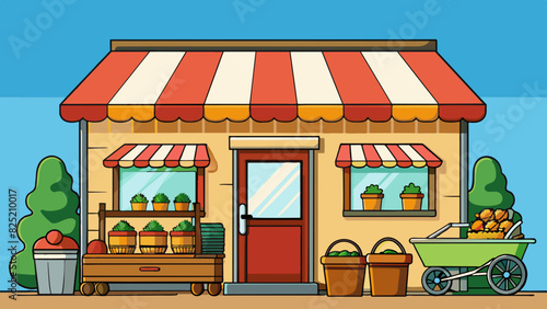 The general store was a charming rustic building with a wheelbarrow propped up against the front porch. From the outside one could see barrels of. Cartoon Vector.