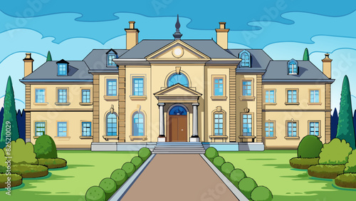 The front of a sprawling luxurious mansion featuring a grand front entrance with large ornate double doors and a sweeping driveway lined with. Cartoon Vector.