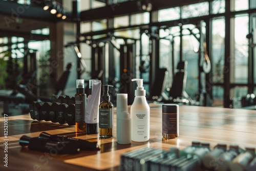 Post-Workout Skincare Routine in a Modern Gym Setting - Facial Mists, Moisturizers, and Gym Equipment for Fitness Enthusiasts