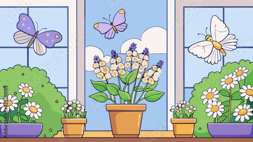 The gentle breeze of April carries with it the fragrance of blooming lilacs and daisies. Pots of fragrant herbs sit on the windowsill ready to be. Cartoon Vector.