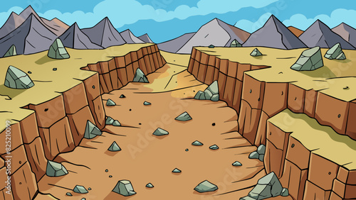 The ground is rocky and jagged making every step treacherous. Loose gravel crunches underfoot and there are deep crevices and holes in the ground. The. Cartoon Vector.