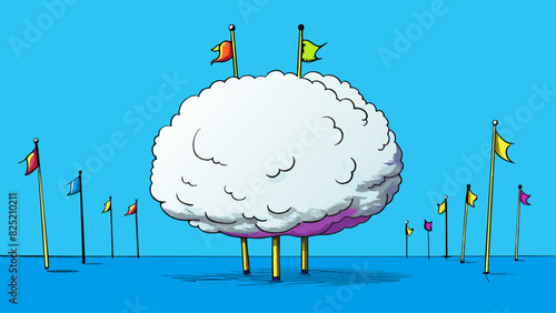 The image shows a large fluffy cloud hanging low in a bright blue sky. The cloud is shaped like a giant cotton ball and is casting a shadow on the. Cartoon Vector.