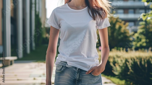 Young Model Shirt Mockup woman wearing white tshirt in campus in daylight Shirt Mockup Templat © Vincent