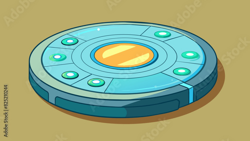 The item resembled a large flat disc with a smooth surface and a bright luminescent glow. It had a set of buttons on one side and a small screen on. Cartoon Vector.