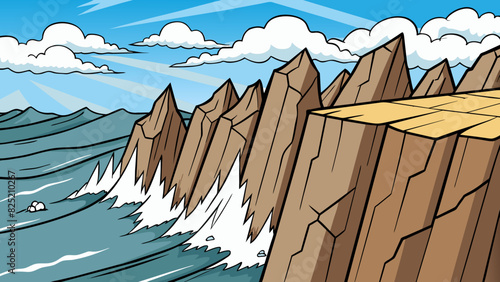 The jagged rocks on the cliffs edge had sharp rough s evidence of the powerful waves crashing against them.. Cartoon Vector.