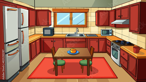 The kitchen was small but efficient boasting stainless steel appliances and granite countertops. The cabinets were a deep cherry wood and the floors. Cartoon Vector.