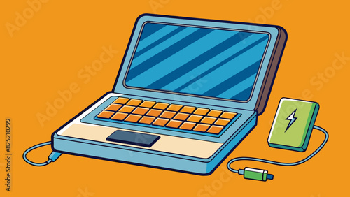The laptop was fully charged and ready for use with a full battery life of 8 hours. It also had a fully functioning keyboard touchpad and webcam for. Cartoon Vector.